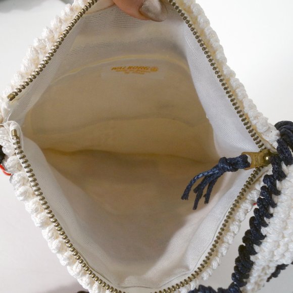 Vintage Walborg Macramé Beaded Shoulder Bag with Fringe, Red, White, Blue - Picture 4 of 4